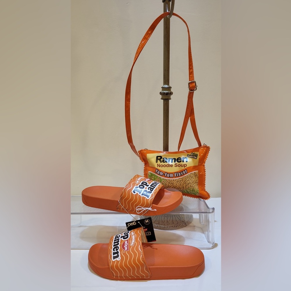 ODD SOX Top Ramen slides with small crossbody purse